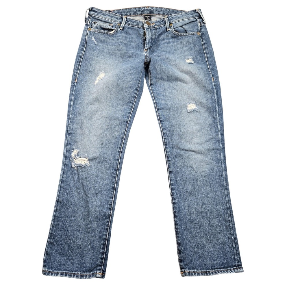 True Religion Cora Mid Rise‎ Straight Crop Jeans Womens 28 Blue Distressed Denim